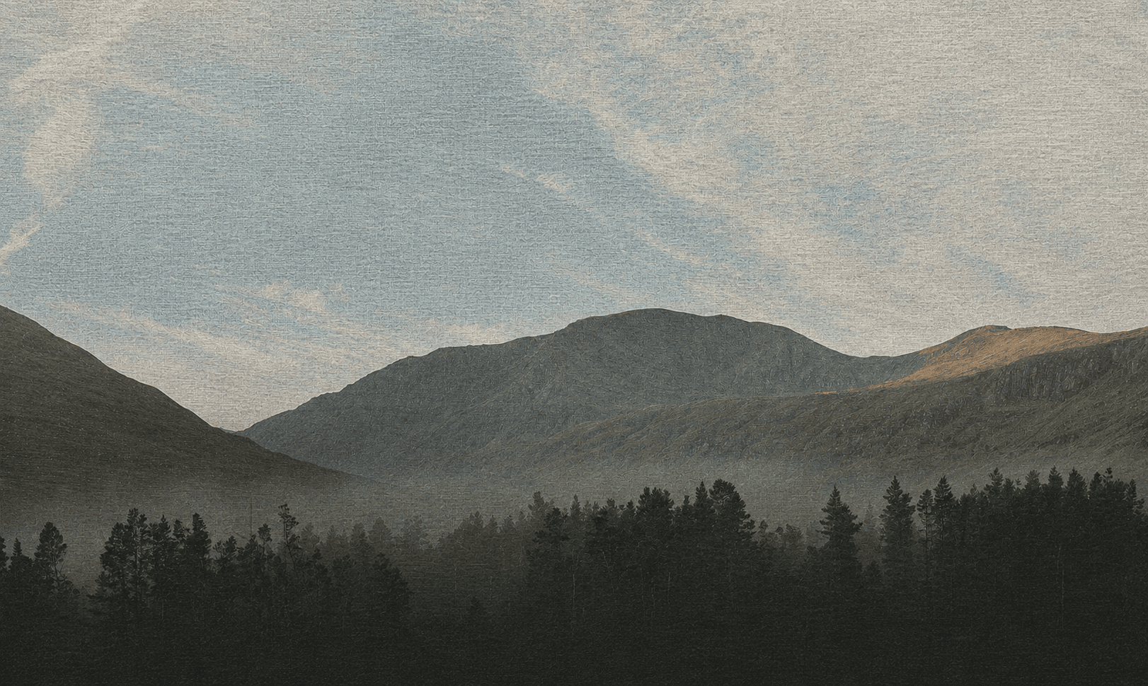 Moody mountain and forest landscape.